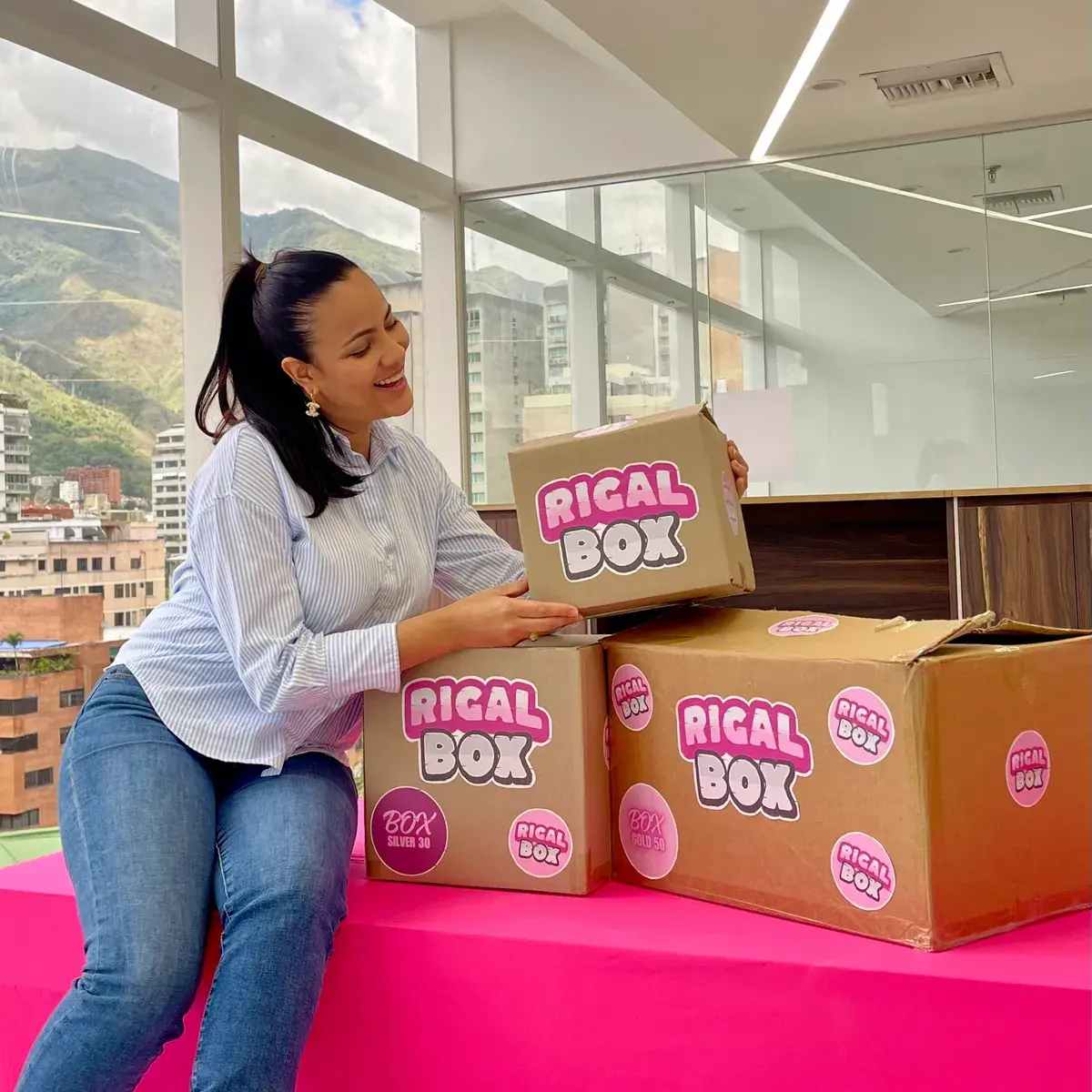 Modern storefront showcasing a curated collection of contemporary clothing with bold lettering MS Rigal integrated into the design, set against a sleek urban background evoking sophistication and energetic style